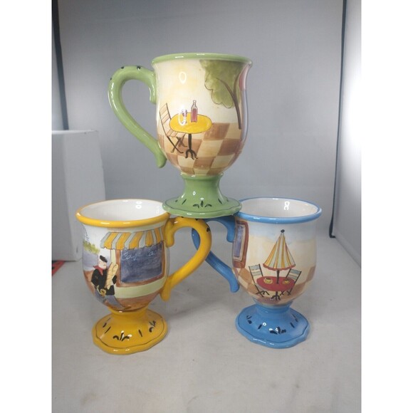Jennifer Brinley Bistro Coffe Mug Cup Certified International Pedestal Set Of 3 - Picture 3 of 16